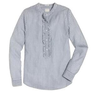 J.CREW Women's Blouse S Blue & White Striped Long Cuff Sleeve Ruffled Placket